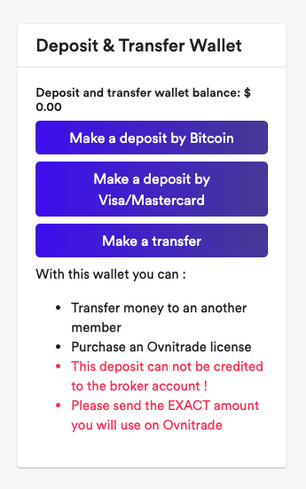 ovnitrade deposit transfer wallet visa mastercard bitcoin